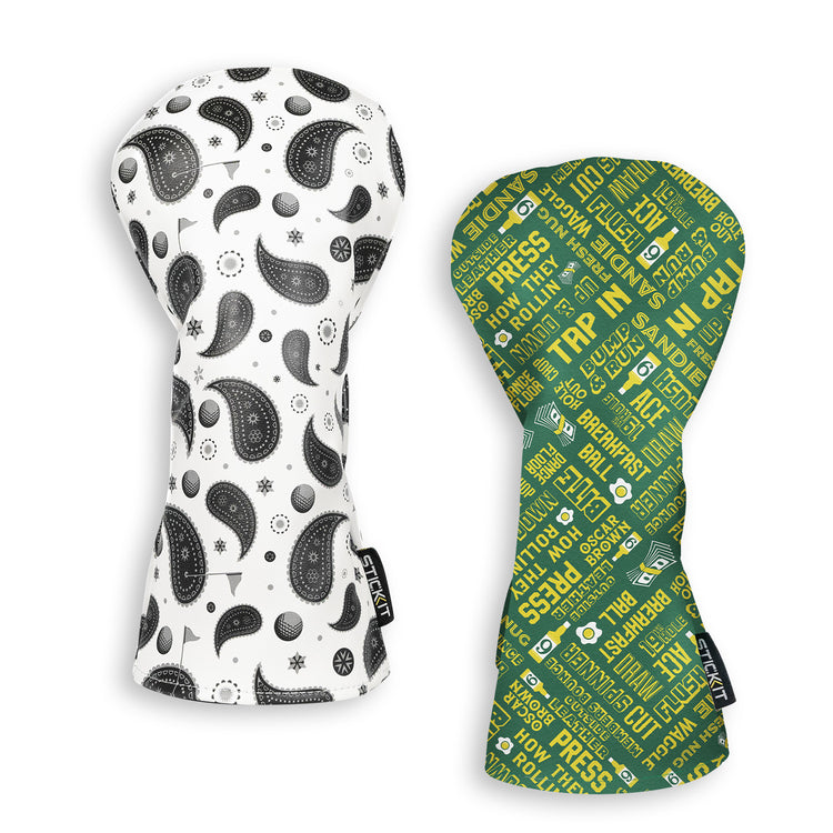 Reversible oven mitt set: black and white paisley pattern on one side, green with text designs on the other.