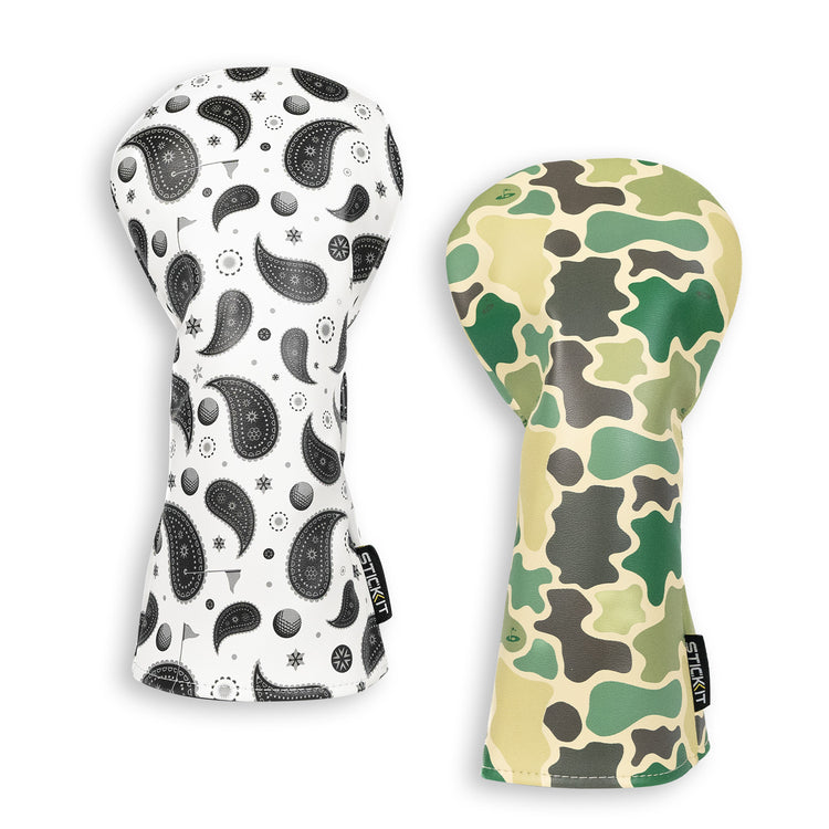 Black and white paisley and green camo oven mitt set, cotton material, stylish kitchen accessories.