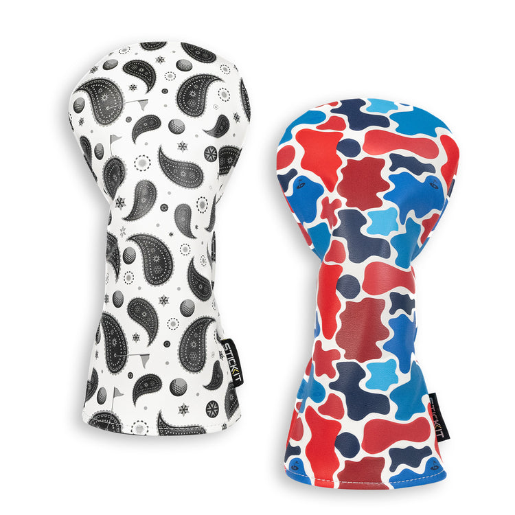 Paisley and abstract camouflage patterned oven mitts in black, white, red, and blue fabric. Perfect for stylish kitchen use.