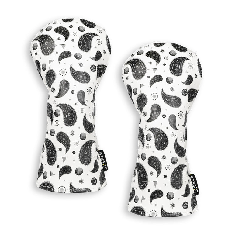 Black and white paisley patterned oven mitts, cotton material, perfect for kitchen use and adding a stylish touch.