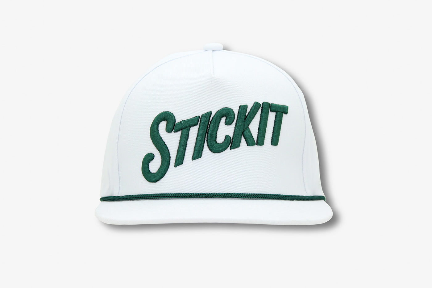White flat-brimmed cap with green "STICKIT" embroidery and trim, perfect for casual wear.