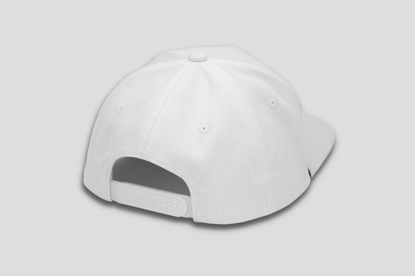 White snapback hat with a structured design and adjustable strap, perfect for casual outfits and outdoor activities.