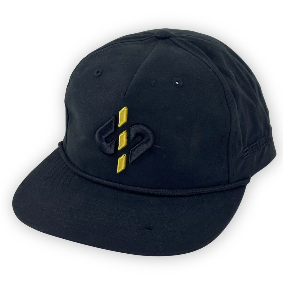 Black snapback cap with yellow embroidered logo and stylish braided detail. Perfect for casual wear.