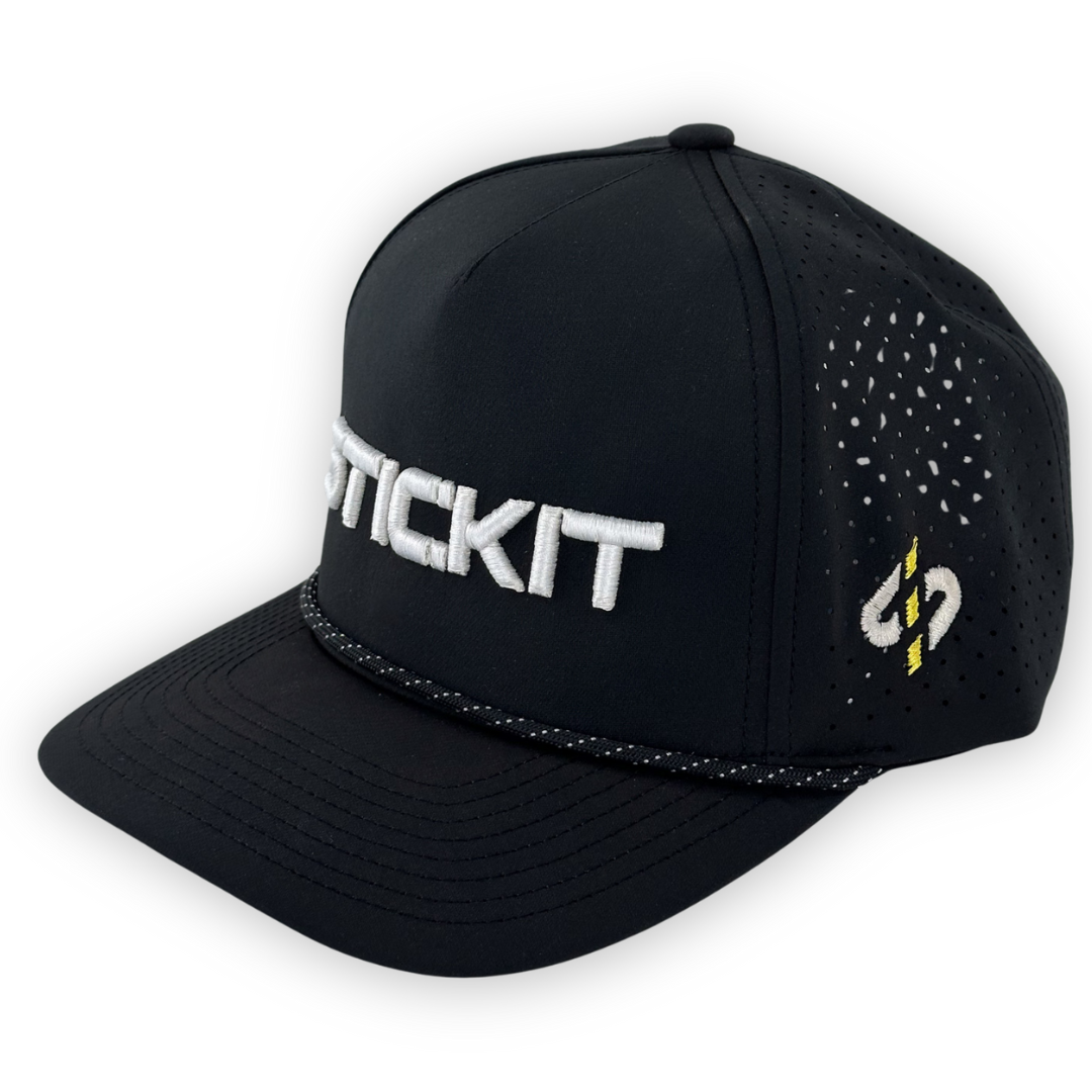 Black snapback cap with breathable mesh, embroidered logo, and reflective detailing for sporty style.