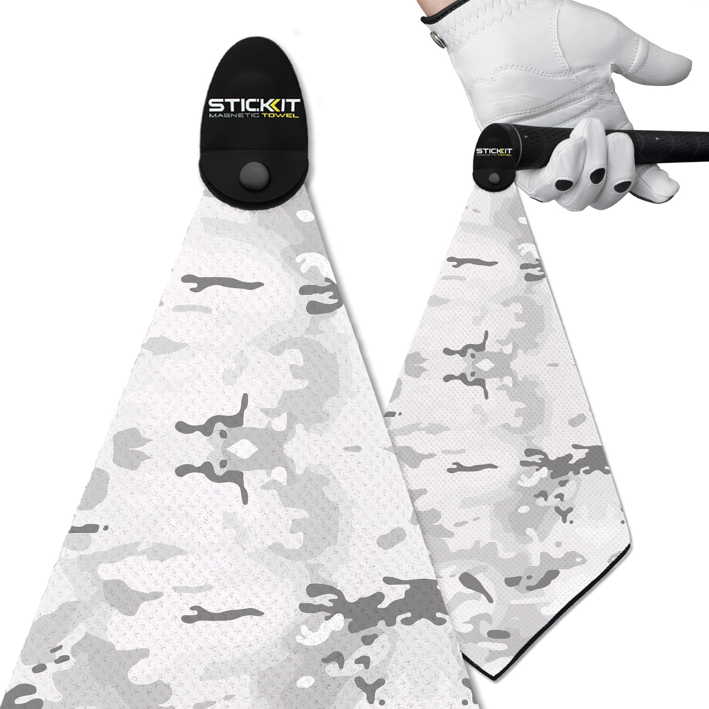 White and gray camo microfiber golf towel with magnetic clip, perfect for keeping clubs clean on the course.