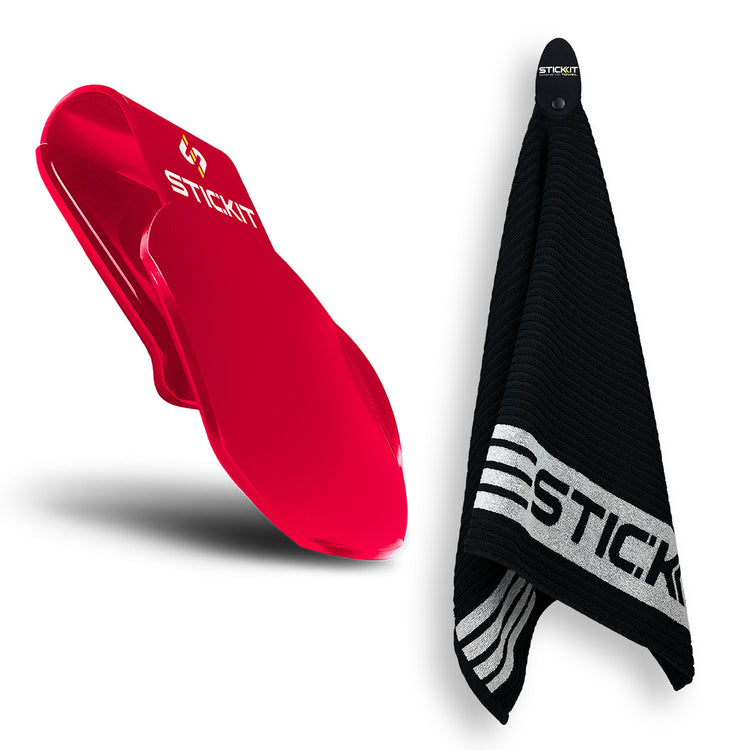 Red Stickit towel holder with black microfiber towel featuring white stripes and logo, perfect for gym use.