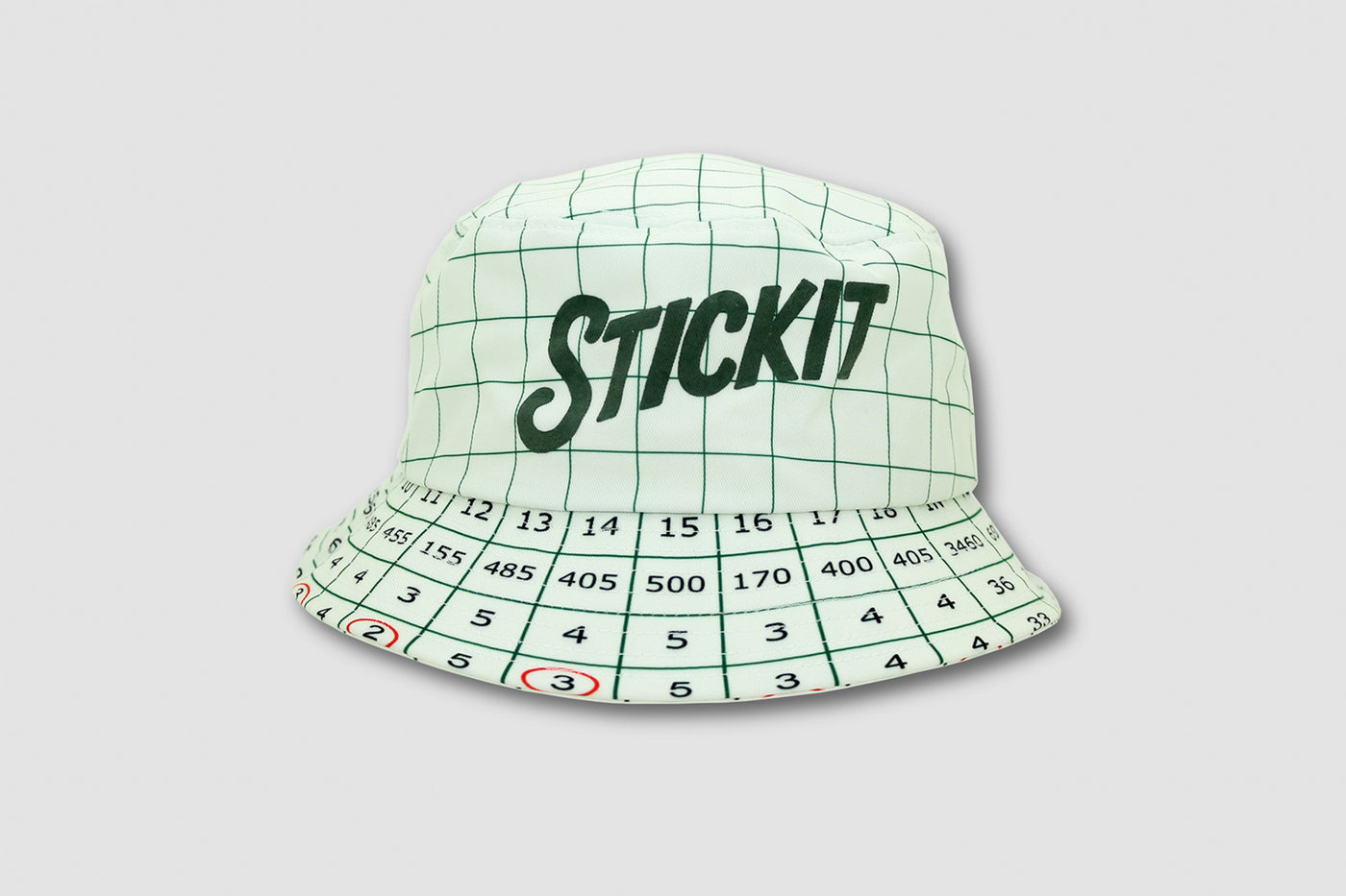Green grid-patterned bucket hat with "STICKIT" text and numeric details on the brim, perfect for casual style.
