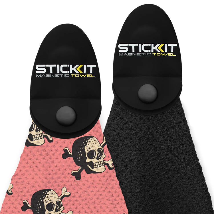 "STIC KIT magnetic towel set in pink with skull print and black, durable microfiber for quick drying and convenience."