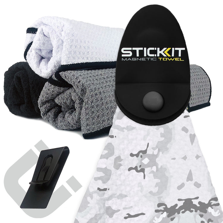 Black magnetic towel holder with gray and white towels, featuring a textured design, perfect for outdoor and gym use.