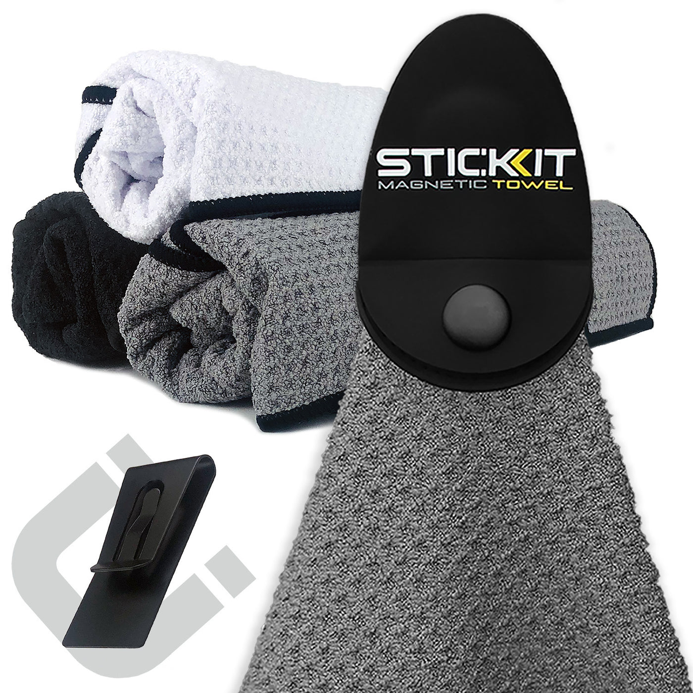 Black magnetic towel clip with gray, white, and black textured towels; ideal for outdoor and gym use.