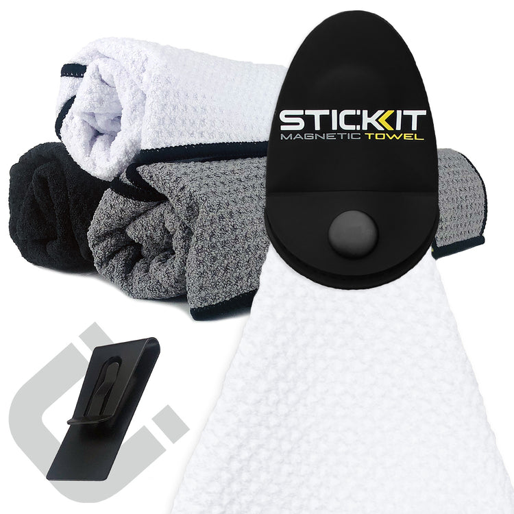 White microfiber magnetic towel with black and gray textured towels; perfect for fitness and outdoor activities.